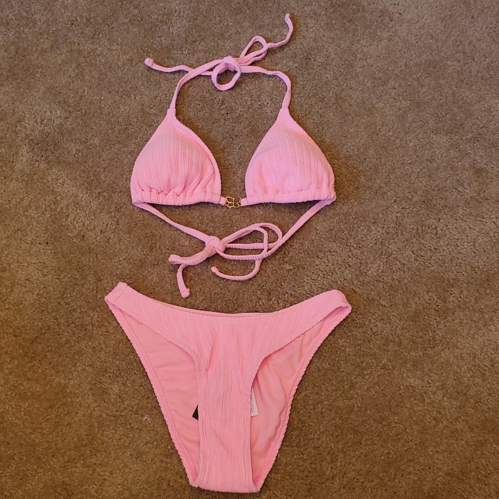 NWOT Bright Hot Pink Pucker Textured Knit Bikini Set (Small Top / XS Bottom)